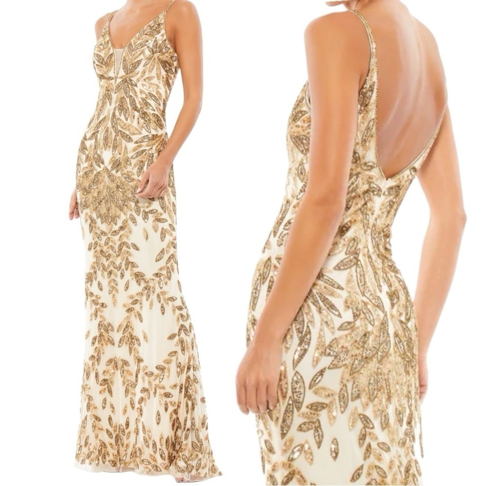 Mac Duggal Gold Beaded Embellished Leaf Evening Gown